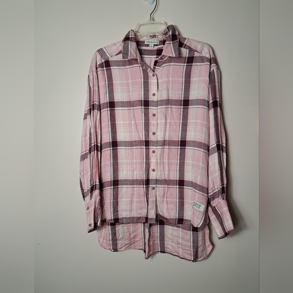 FRYE AND CO. Pink & Berry Plaid Flannel Button Up High Low Hem Shirt Outdoors
